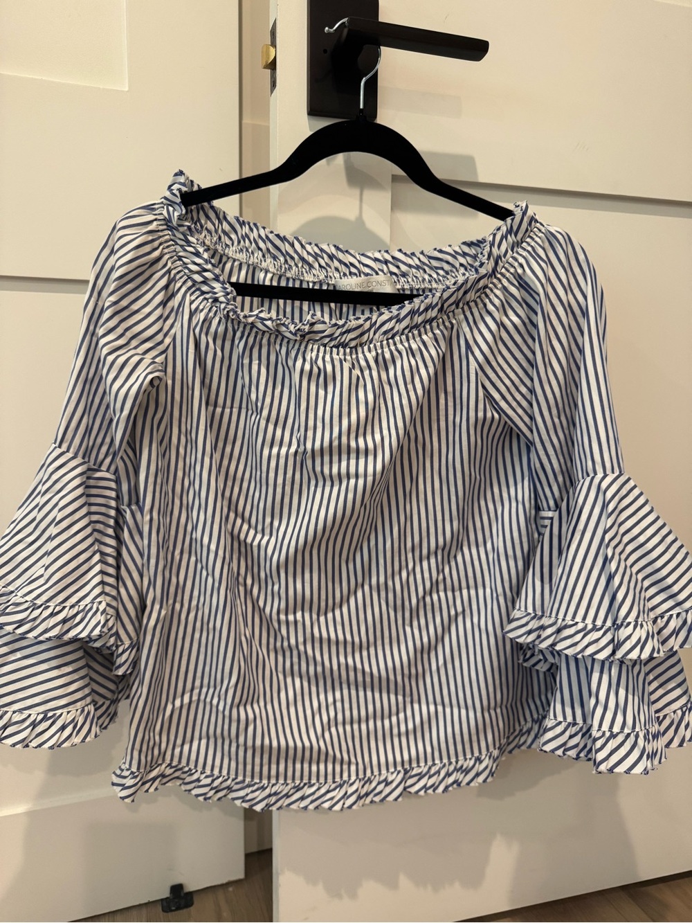 Caroline Constas Striped Off-Shoulder Ruffle Sleeve Top - Blue/White